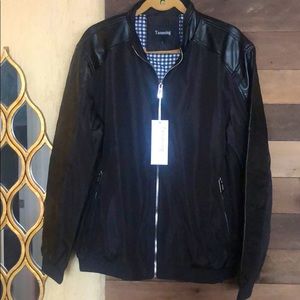 Men’s Black Nylon Jacket w/Faux Leather Trim - L